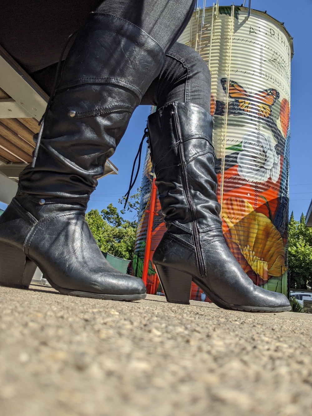 Women's Black Mid-Calf Heel Boots - Western Leather Look